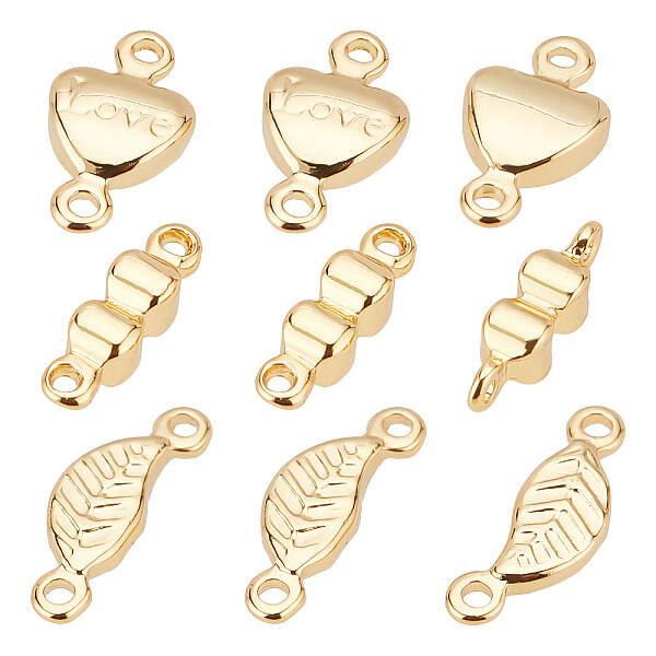 BENECREAT 30Pcs 3 Style Heart Brass Links 16K Gold Plated Bowknot Textured Leaf Connecter with Loop for Jewellry Making DIY C...