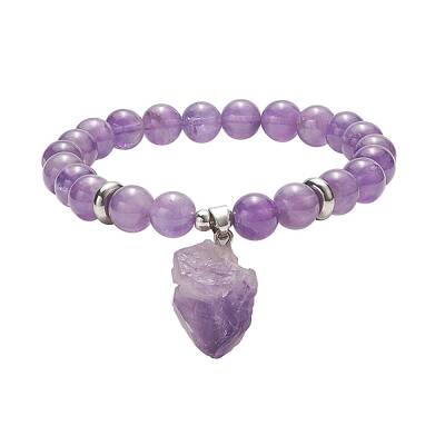 Round Natural Amethyst Beaded Stretch Bracelet with Nuggets Charms for Women