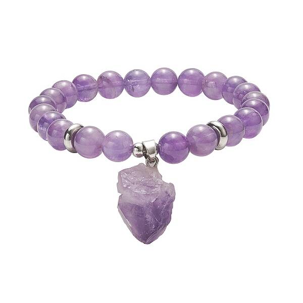 Round Natural Amethyst Beaded Stretch Bracelet with Nuggets Charms for Women