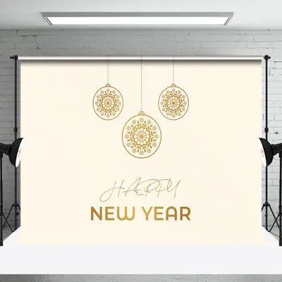 Aperturee Golden Hanging Ball Beige Happy New Year Backdrop - Aperturee