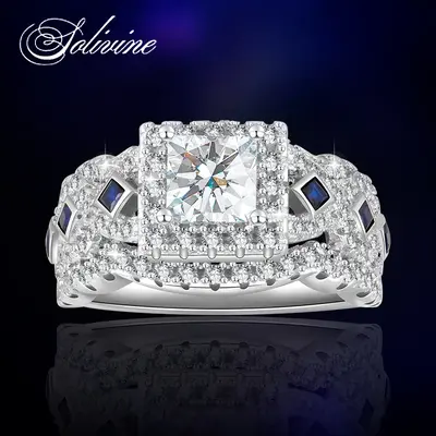 SOLIVINE 3CT Princess Cut Halo Ring with Blue Gem, S925 Sterling Silver Jewelry Ring with 5A Cubic Zirconia, Engagement Ring ...