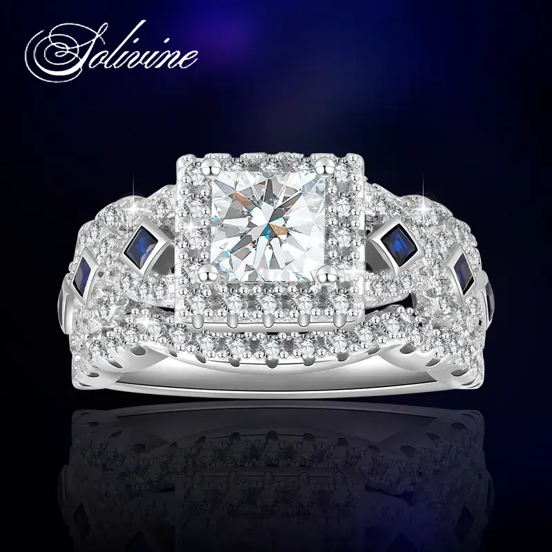 SOLIVINE 3CT Princess Cut Halo Ring with Blue Gem, S925 Sterling Silver Jewelry Ring with 5A Cubic Zirconia, Engagement Ring ...