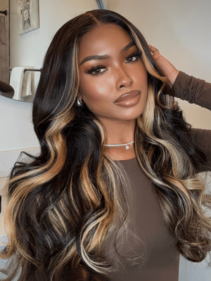 UNice Bye-Bye Knots Wig 7x5 Lace Bouncy Loose Wave Butterscotch Highlights Brown Wig 150% Density
