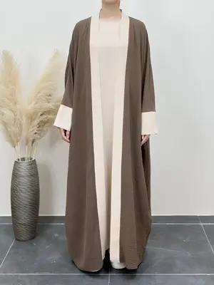 Arabic Clothing - Women's Contrast Binding Abaya & Long Sleeve Dress Set, Elegant Open Front Abaya & Round Neck Dress, Ladies...