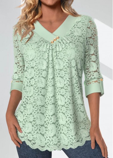 Modlily Light Green Lace 3/4 Sleeve V Neck Blouse - S