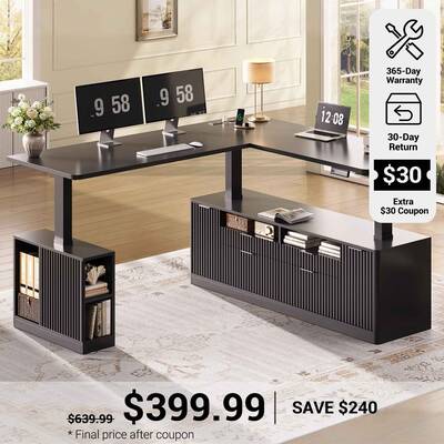SEDETA | 69 Inch L Shaped Fluted Standing Desk Height Adjustable Electric Computer Executive Desks with Power Outlet 4 Drawer...
