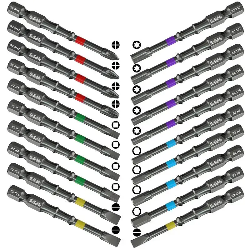 Magnetic Impact Drill Bit Set, Non-slip Long Screwdriver Bit Set, Cross Slot Square Hexagon Drill Bit Set for Home Constructi...