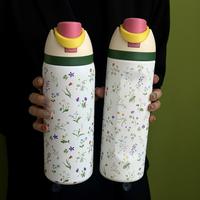 Floral Pattern Stainless Steel Vacuum Flask, 1 Count Portable Insulated Water Bottle with Straw, Summer Cool Bottle Drinking ...