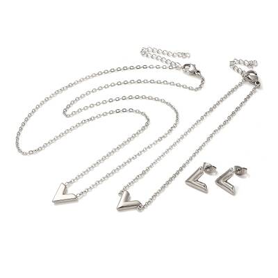 Non-Tarnish Letter V 304 Stainless Steel Pendant Necklaces & Bracelets & Stud Earrings Sets for Women