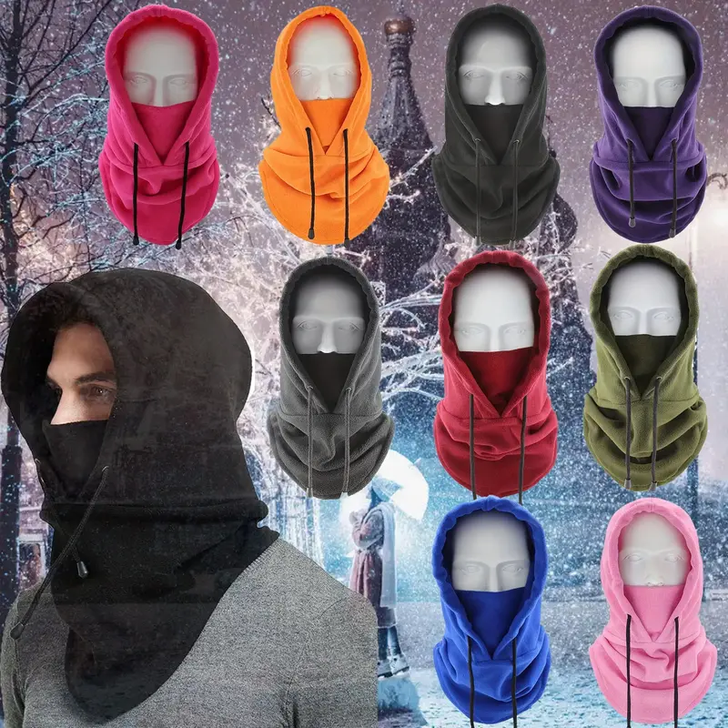 Solid Color Drawstring Closure Balaclava Hat, Windproof Neck Gaiter Hood, Lightweight Warm Winter Headgear Balaclava Hat for ...