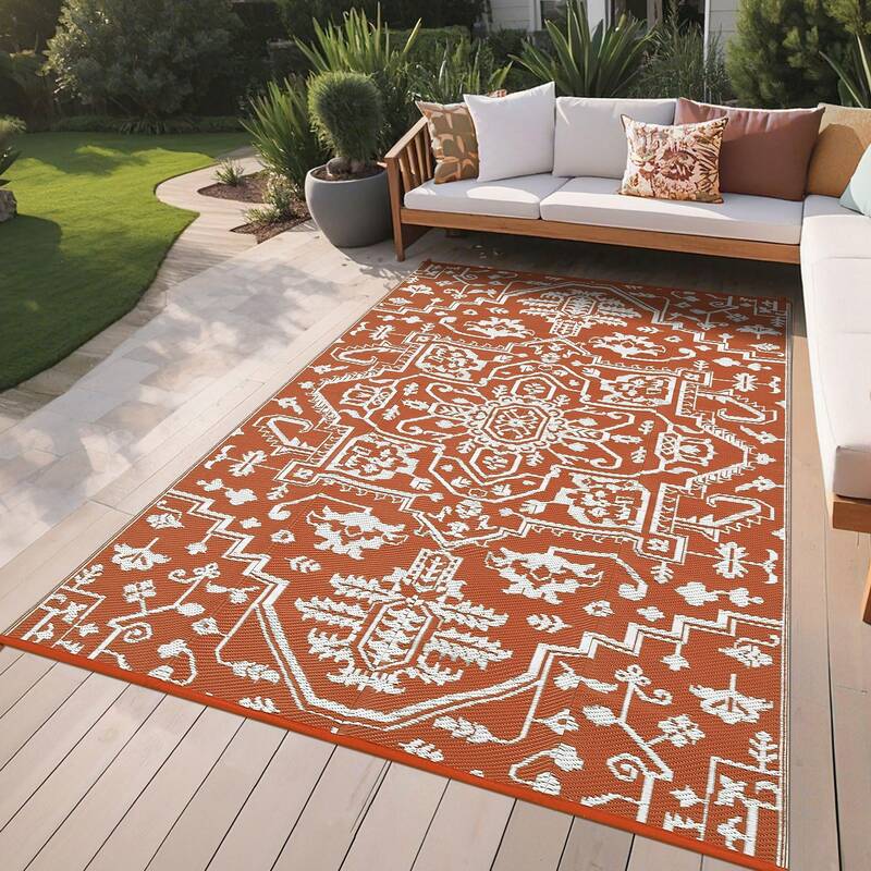 Garvee 9x18 Outdoor Area Rug Vintage Plastic Non-Slip Stain-Resistant Waterproof Orange Patio Camping Deck Mat