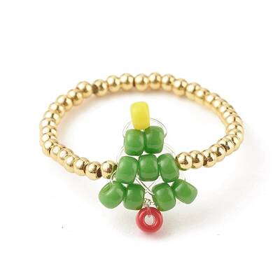Christmas Tree Glass Seed & Brass Beaded Finger Ring