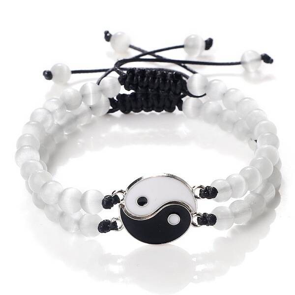 Adjustable Round White Cat Eye Beaded Stretch Bracelet Sets