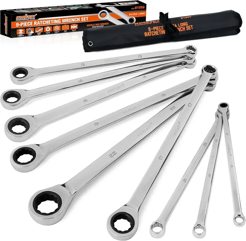 HORUSDY 9-Piece Extra Long Ratcheting Wrench Set with Tool Bag, Metric 8-19mm, CR-V Steel Combination Wrench Set, dealsforyou...