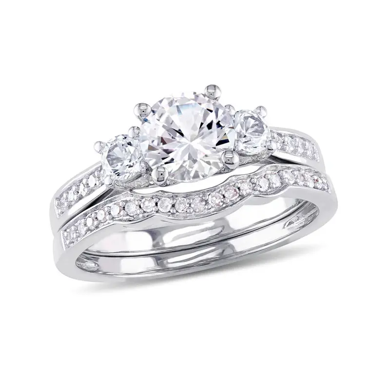 10K White Gold 2.125 CT.T.W. Round Lab-Created White Sapphire Custom Three Stone Bridal Set