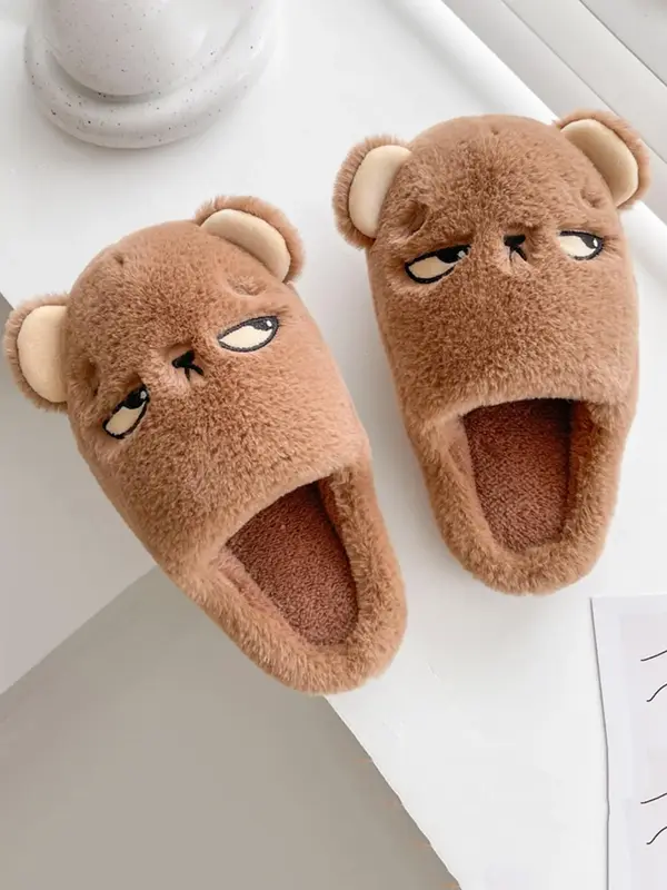 Men's Cute Cartoon Bear Design Plush Slippers, Warm & Cozy Soft Bedroom Slippers, Fashion Men's Slippers for Fall & Winter We...