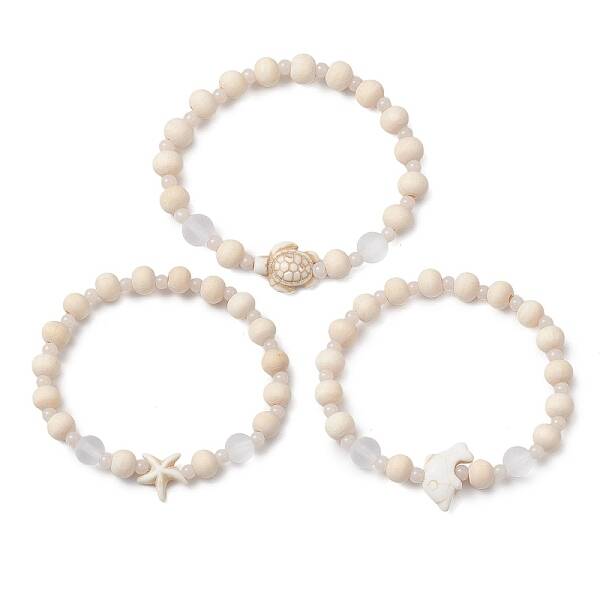 3Pcs Synthetic Turquoise & Wood & Glass Beaded Stretch Bracelets for Women