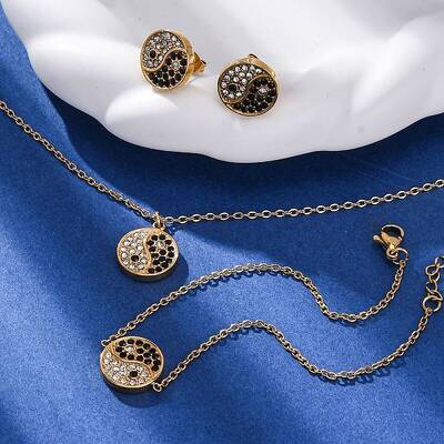 Yin-yang 304 Stainless Steel Rhinestone Pendant Necklaces & Bracelets & Stud Earrings Sets for Women