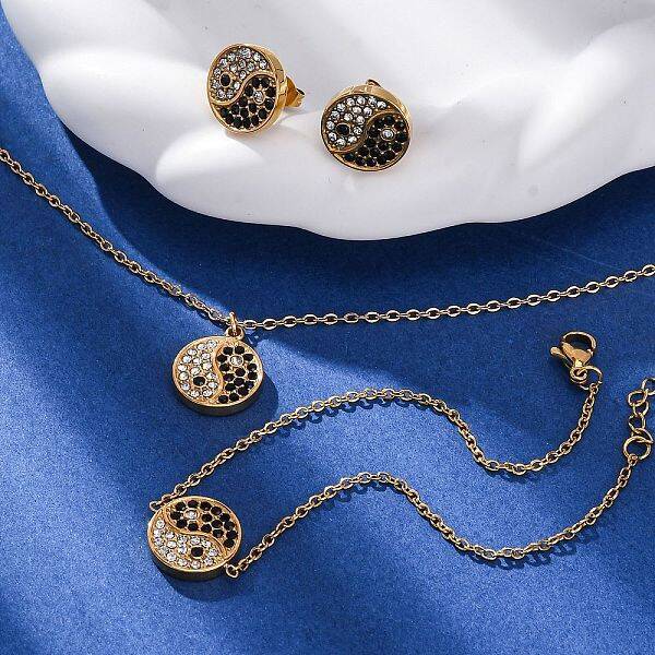Yin-yang 304 Stainless Steel Rhinestone Pendant Necklaces & Bracelets & Stud Earrings Sets for Women