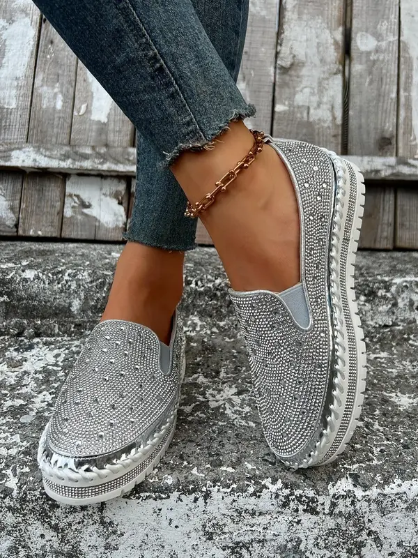 Women's Fashionable  Rhinestone Accents  Decorated Slip on Wedge Sneakers, Casual Comfortable Round Toe Loafers, All-match Co...