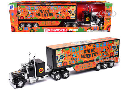 Kenworth W900 Truck Black with Graphics and Dry Van Trailer \