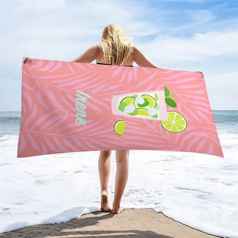 Custom Name Pink Leaves Lemon Juice Girl Beach Towel - Aperturee