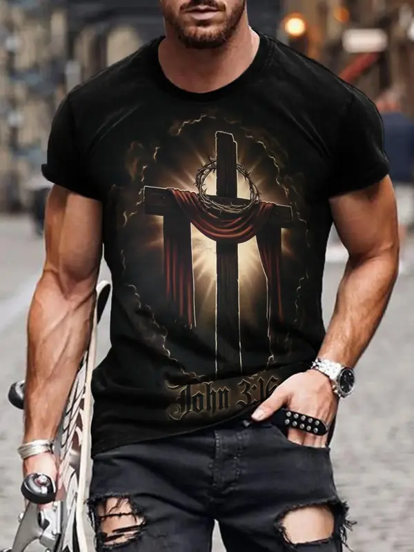 Men's Cross & Letter Print Round Neck Tee, Regular Fit Crew Neck Short Sleeve T-Shirt for Men, Casual Streetwear Top for Sum...