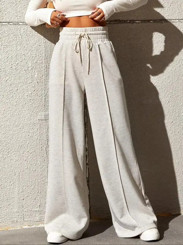 Women's Drawstring High Waist Wide Leg Pants, Casual Comfy Solid Trousers for Fall, Women's Bottoms for Daily Wear, Downtown ...
