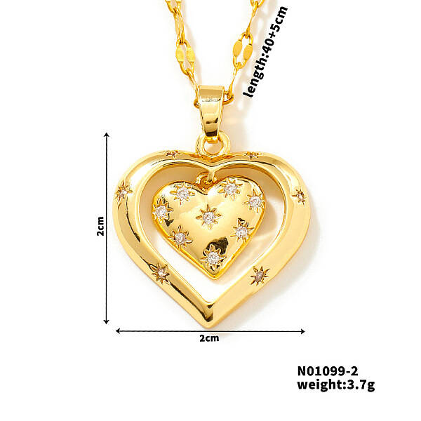 Brass Pave Cubic Zirconia Hollow Double Heart Pendant Necklace