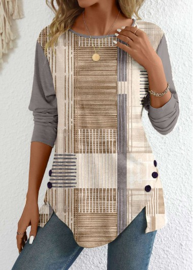 Modlily Light Camel Patchwork Graffiti Print Long Sleeve T Shirt - XXL