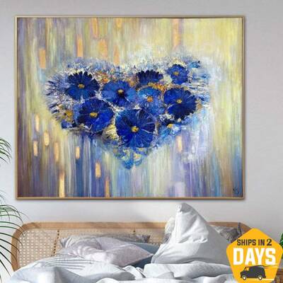 Original Abstract Heart Flower Painting Romantic Wall Art Blue Painting Very Peri Heart Flowers Abstract Painting On Canvas |...