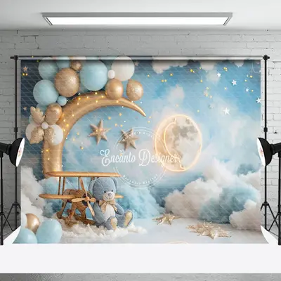 Gold Moon Plane Teddy Bear Backdrop For Cake Smash - Aperturee