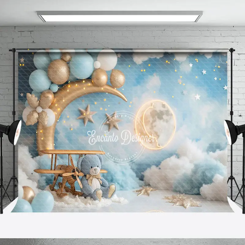 Gold Moon Plane Teddy Bear Backdrop For Cake Smash - Aperturee