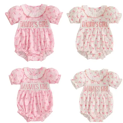 Newborn Baby Girl Bubble Romper Mamas Girl Dadys Girl Embroidery Cute Bow Print Puff Sleeve Smocked Bubble Jumpsuit Bodysuit ...