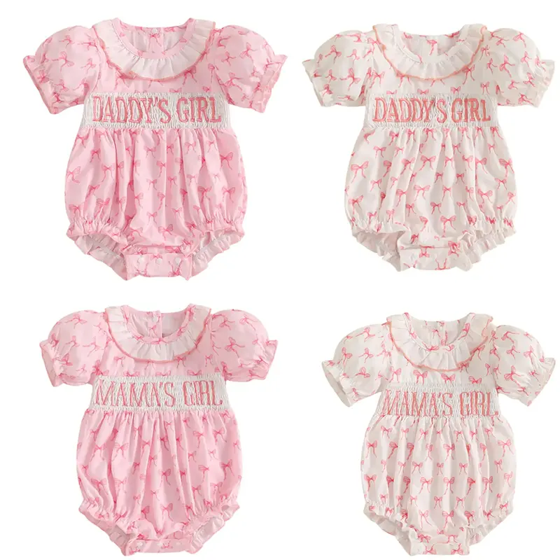 Newborn Baby Girl Bubble Romper Mamas Girl Dadys Girl Embroidery Cute Bow Print Puff Sleeve Smocked Bubble Jumpsuit Bodysuit ...