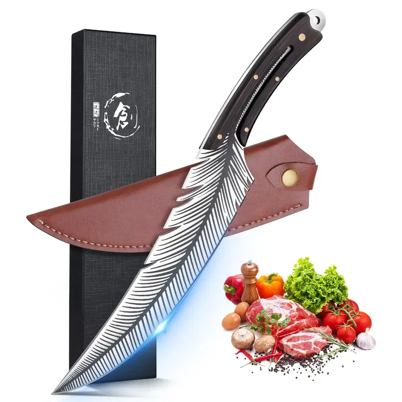 Purple Dragon Hand Forged Kitchen Knives Professional Feather High Carbon Steel Wooden handle with Sheath for Pineapple Blade...
