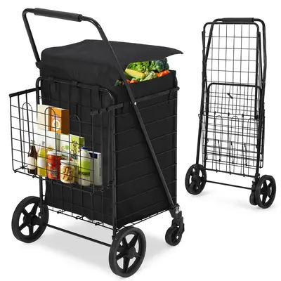 Garvee Heavy Duty Folding Shopping Cart with Waterproof Liner, Dual Basket, 360° Swivel Wheels, 600D Oxford Cloth, Portable ...