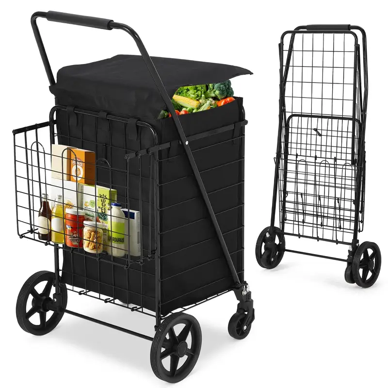 Garvee Heavy Duty Folding Shopping Cart with Waterproof Liner, Dual Basket, 360° Swivel Wheels, 600D Oxford Cloth, Portable ...
