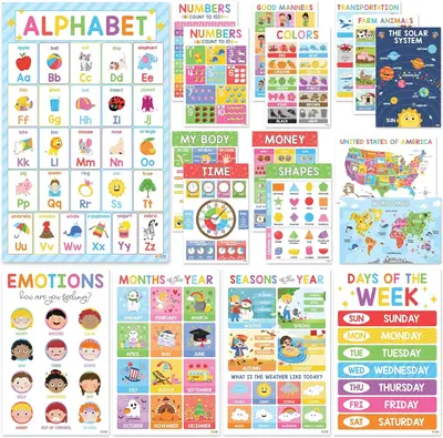 [FREE GIFT] Educational Posters for Toddlers 18 Laminated Preschool Classroom Decor Kindergarten Wall Art PreK Learning Mater...