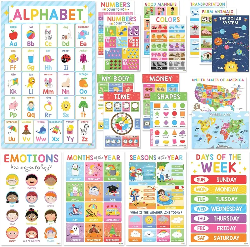 [FREE GIFT] Educational Posters for Toddlers 18 Laminated Preschool Classroom Decor Kindergarten Wall Art PreK Learning Mater...