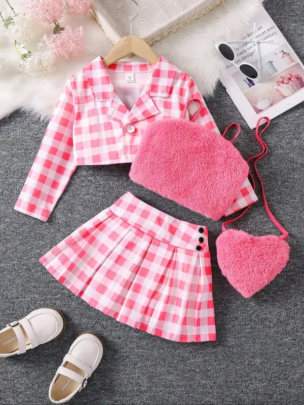 Girl's Plaid Print Button Front Crop Blazer & Plain Fuzzy Cami Top & Plicated Skirt & Plush Bag Set, Casual Long Sleeve Lapel...