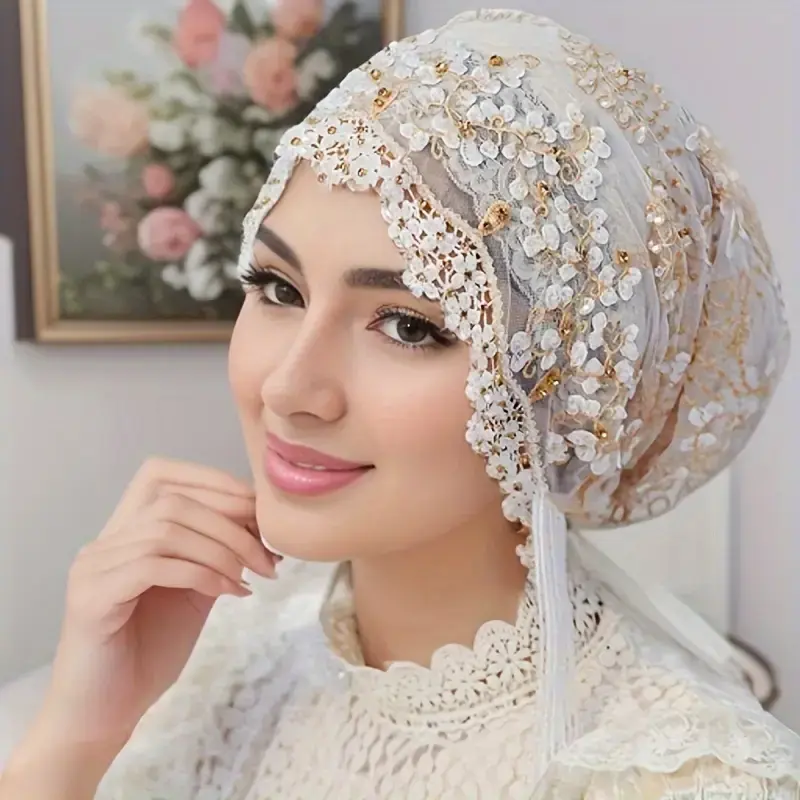 2024[Elegant Polyester Hijab Cap] 1pc Elegant Polyester Hijab Cap - Handmade Embroidered Hijab with Toggle Closure, Elastic F...