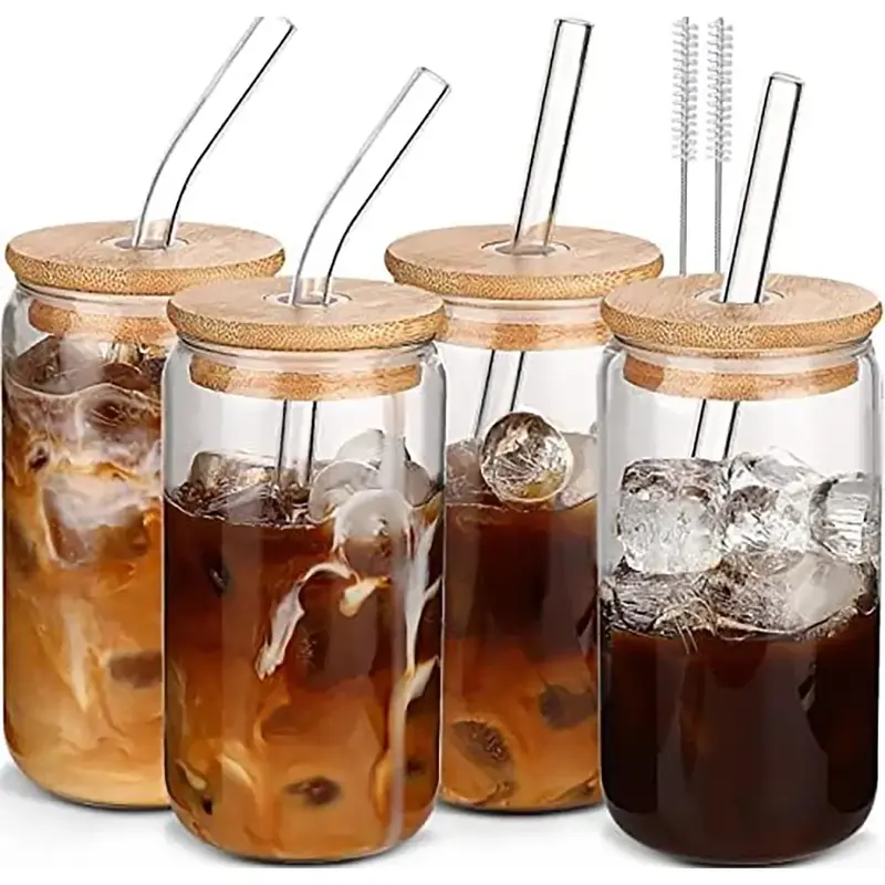 DWTS DANWEITESI 4-Piece Drinking Glass Set 16oz Can Shaped Tumbler Cups with Bamboo Lids & Straws for Cocktail Whiskey Beer G...