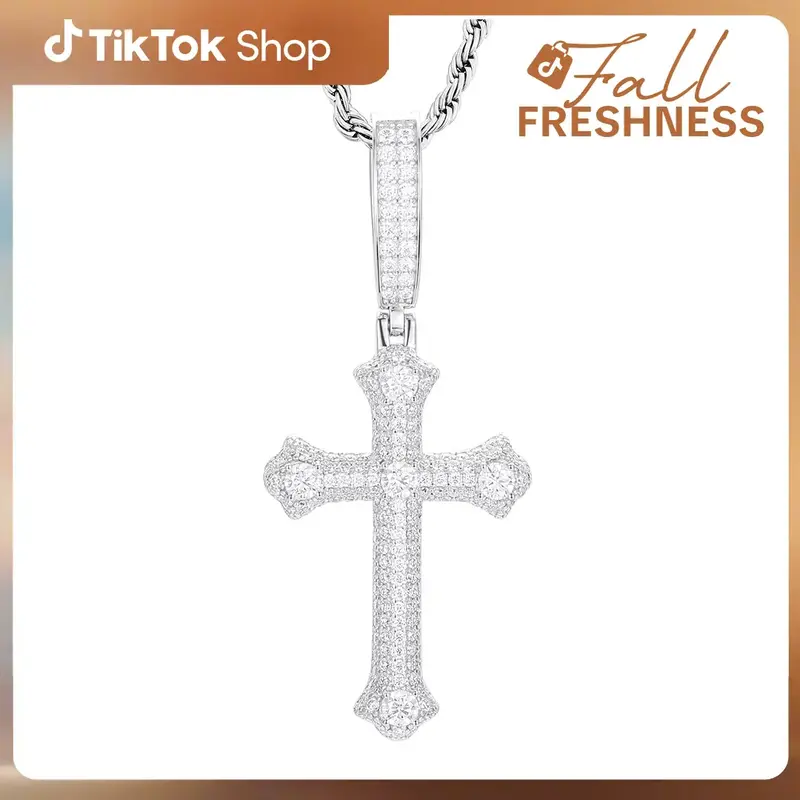 【#P439】 Exquisite Cross S925 Synthetic Moissanite Ice Pendant Necklace Hip Hop Men's Necklace Sterling Silver Shiny Micro...