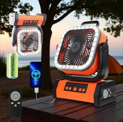Portable 2lb Camping Fan - Rechargeable 20000/30000mAh, 360° Rotating Hook, 3-Level LED Lights & Sleep Timer, Perfect for Ou...
