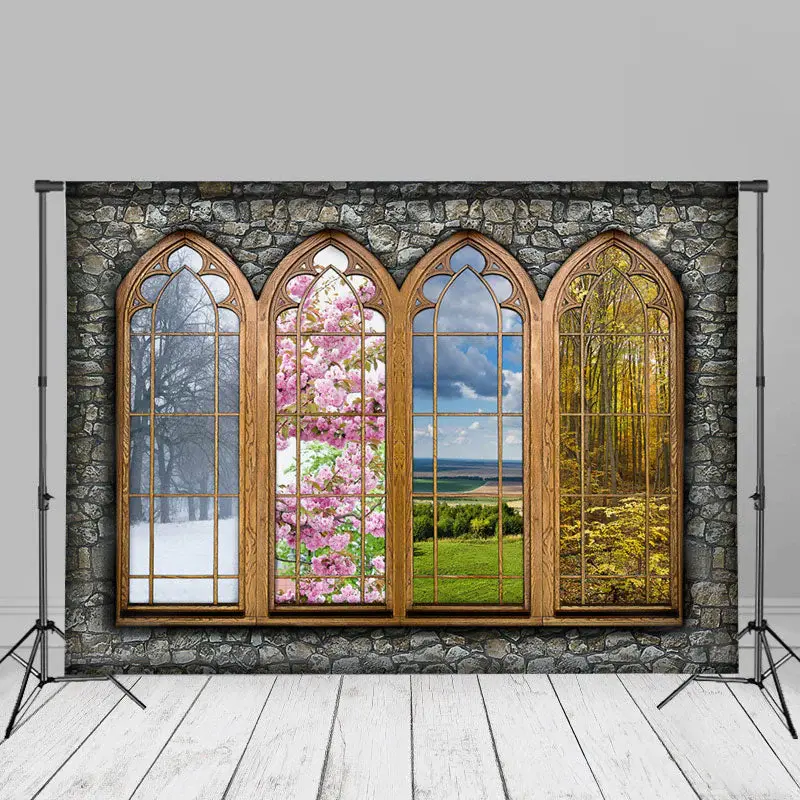 Stone Wall Four Season Window Backdrop For Photography - Aperturee