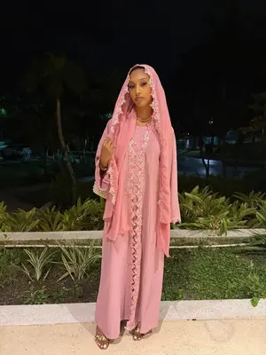 Yasmin Abaya Set - Pink Floral Embellished 4-Piece Ensemble with Hijab & Belt for Customizable Fit