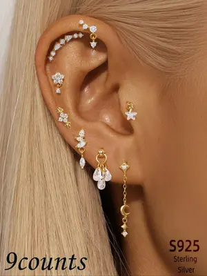 925 Sterling Silver Fashion Flower & Water Drop & Star & Moon Design Earrings, Cartilage Helix Piercing Jewelry for Daily Wea...