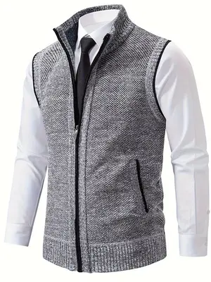 Men's Solid Zip Up Funnel Neck Vest Jacket, Regular Fit Casual Pocket Sleeveless Knitwear for Fall & Winter, Men's Knit Cloth...