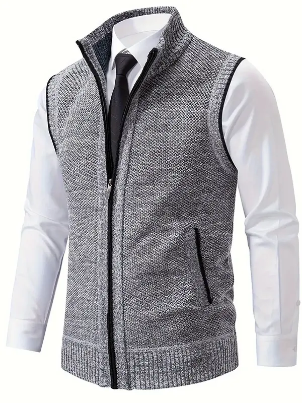 Men's Solid Zip Up Funnel Neck Vest Jacket, Regular Fit Casual Pocket Sleeveless Knitwear for Fall & Winter, Men's Knit Cloth...